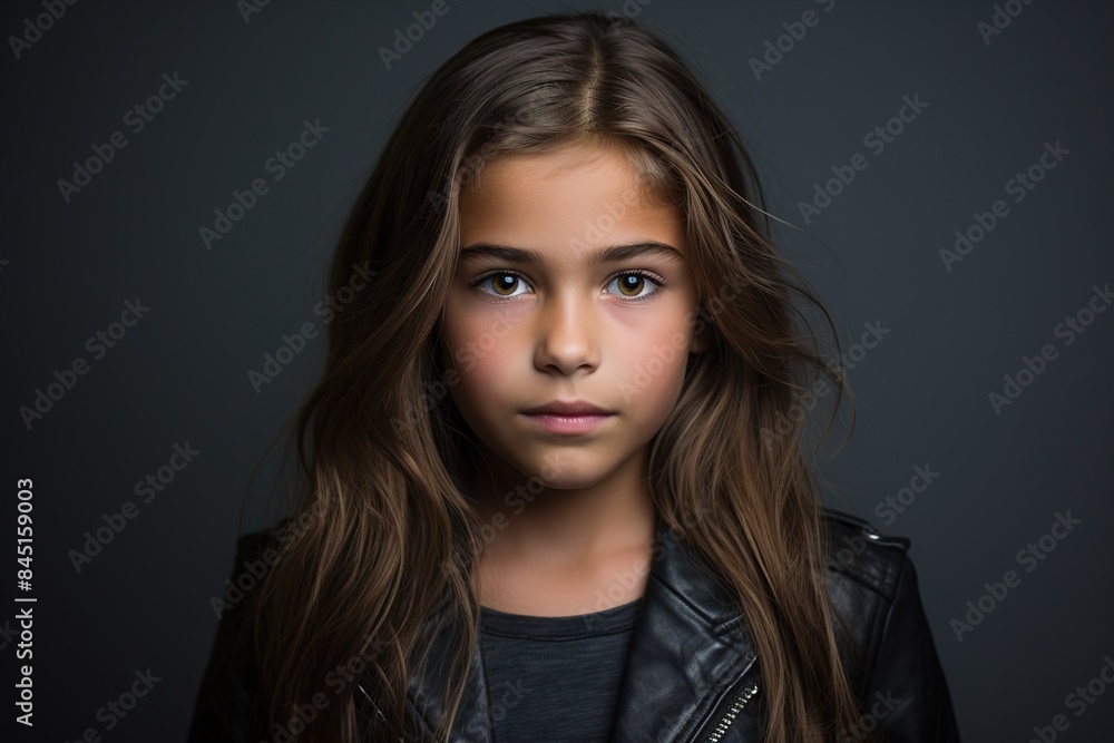 A young girl with long brown hair is wearing a black leather jacket A young girl with long brown hair is wearing a black leather jacket