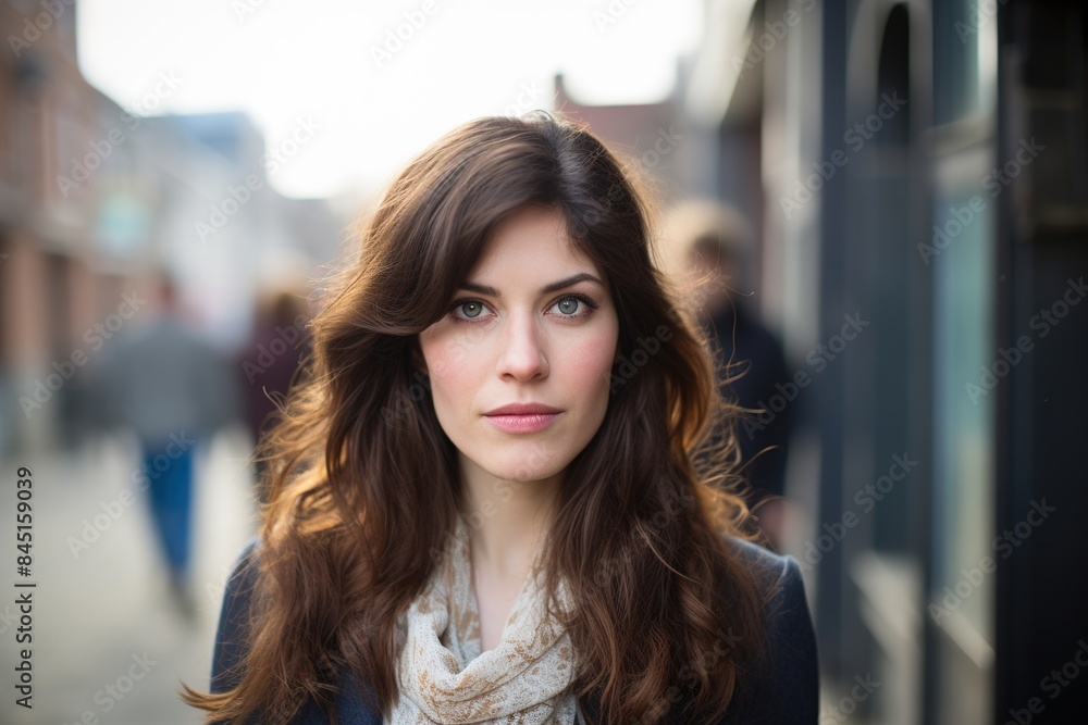A woman with long brown hair and a scarf around her neck is standing on a street A woman with long brown hair and a scarf around her neck is standing on a street