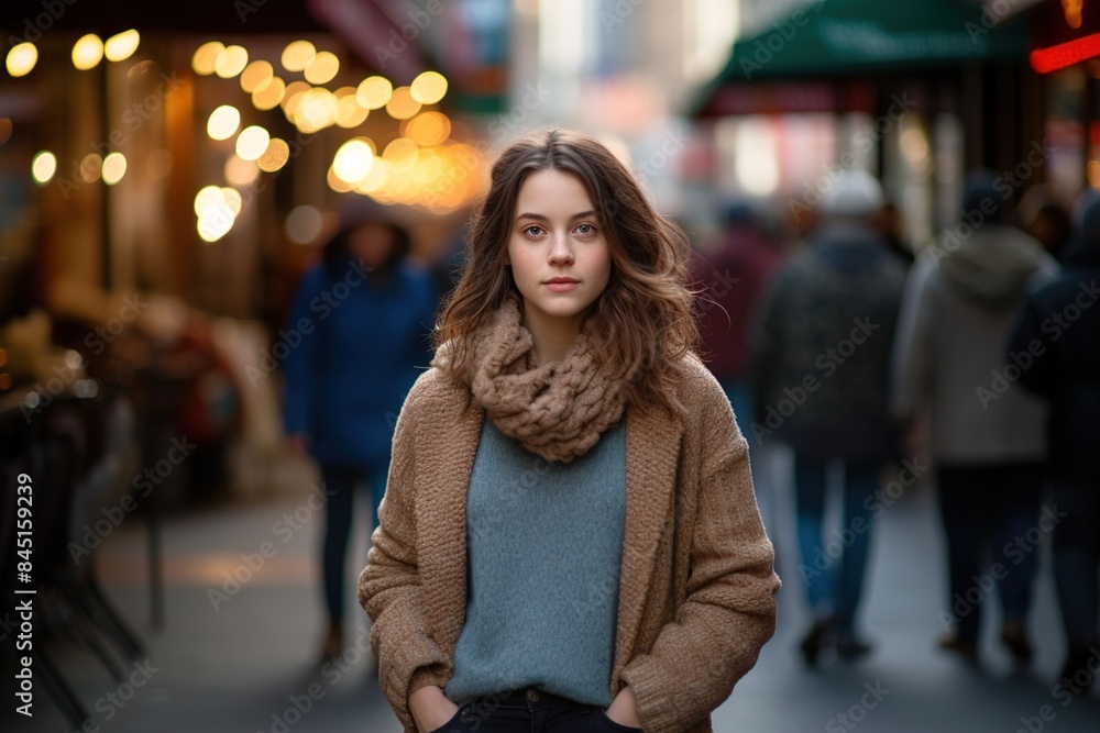 A woman wearing a brown jacket and scarf stands in front of a group of people A woman wearing a brown jacket and scarf stands in front of a group of people