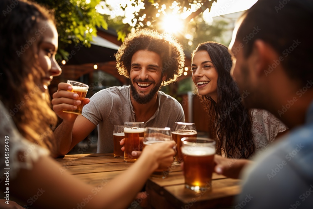 A group of people are sitting around a table, laughing and drinking beer A group of people are sitting around a table, laughing and drinking beer