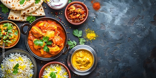 Topdown view of Indian cuisine spread including butter chicken and biryani. Concept Indian Cuisine, Butter Chicken, Biryani, Topdown View, Mouthwatering Spread photo