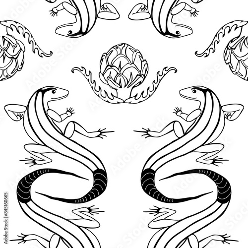 seamless pattern lizard and artichoke black contour on white background