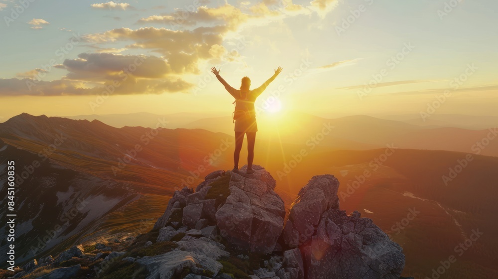Hiking Summit Victory: Capture a person standing triumphantly at the summit of a mountain, with arms raised in celebration and panoramic views of the wilderness. Hiking Summit Victory: Capture a person standing triumphantly at the summit of a mountain, with arms raised in celebration and panoramic views of the wilderness.