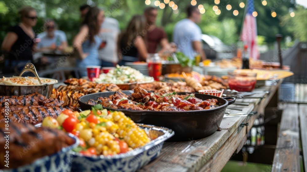 A table full of delicious BBQ food, surrounded by friends chatting and laughing, capturing the festive and communal spirit of Independence Day A table full of delicious BBQ food, surrounded by friends chatting and laughing, capturing the festive and communal spirit of Independence Day