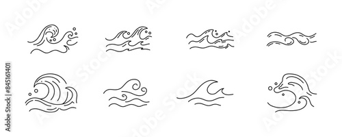 Line waves. Outline marine icons, emblem logo or badge design. Minimal style illustration. Sea and ocean summer vacation. Pictogram water streams. minimalistic symbol. Vector isolated illustration