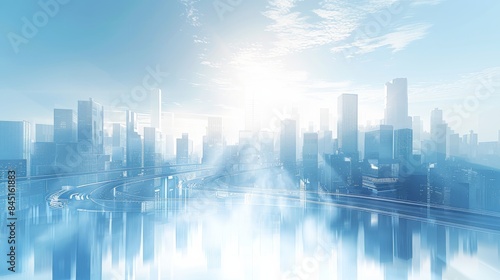 White background, city skyline in the style of future technology sense of architecture, light blue and white color scheme. Generative AI. © visoot