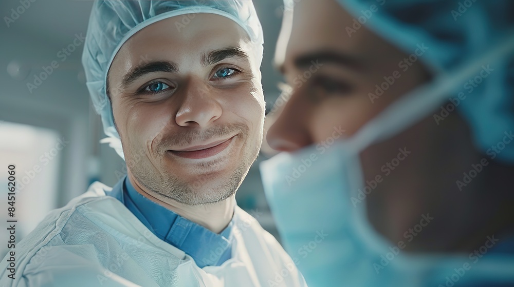 Portrait of a smiling professional surgeon in a scrub suit and a head cap looking at camera. A modern hospital operating room is in the background. after a successful operation. Portrait of a smiling professional surgeon in a scrub suit and a head cap looking at camera. A modern hospital operating room is in the background. after a successful operation.