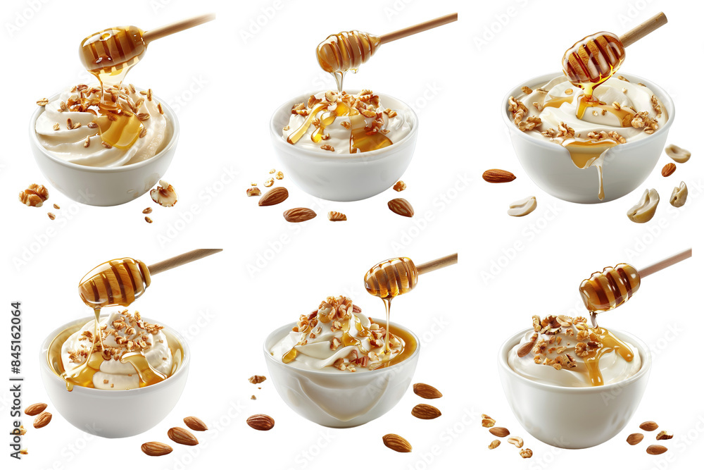 Fototapeta premium Set of Honey Nut Yogurt With Honey Drizzle isolated on transparent png background. Generative ai