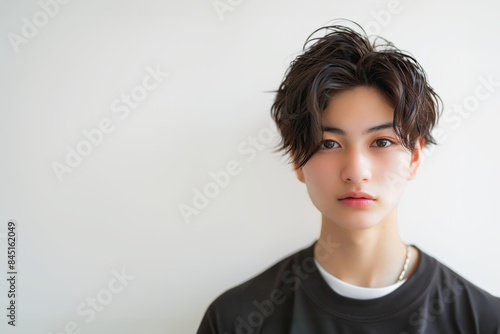 スキンケアで美肌美白の若い日本人男性モデルの美容・ビューティーポートレート(白背景)