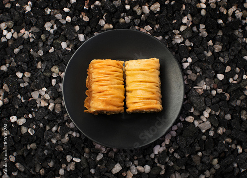 Baklava Set Top View, Ramadan Dessert, Eastern Sweet Filo Pastries, Honey Baklawa, Oriental Desert photo