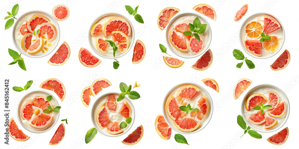 Set of Grapefruit Yogurt With Grapefruit Segments isolated on transparent png background. Generative ai Set of Grapefruit Yogurt With Grapefruit Segments isolated on transparent png background. Generative ai