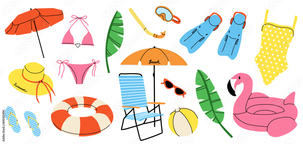 Summer beach set. Umbrella, sun lounger, inflatable ring and ball. Swimsuit hat and glasses. Fins and diving mask. Summertime holiday journey. Sea vacation. Vector cartoon flat isolated illustration Summer beach set. Umbrella, sun lounger, inflatable ring and ball. Swimsuit hat and glasses. Fins and diving mask. Summertime holiday journey. Sea vacation. Vector cartoon flat isolated illustration