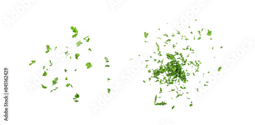 Dry parsley pile isolated. Crushed cilantro leaves heap, dried garden parsley, chervil flakes, corriender pileces