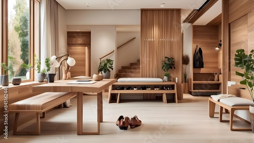 Elegant modern wooden entry hall décor with warm timber tones, modern house with desk, stand, and shoe bench furnishings. photo