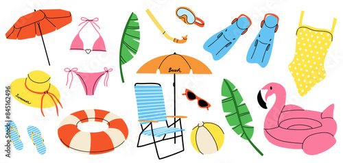 Summer beach set. Umbrella, sun lounger, inflatable ring and ball. Swimsuit hat and glasses. Fins and diving mask. Summertime holiday journey. Sea vacation. Vector cartoon flat isolated illustration