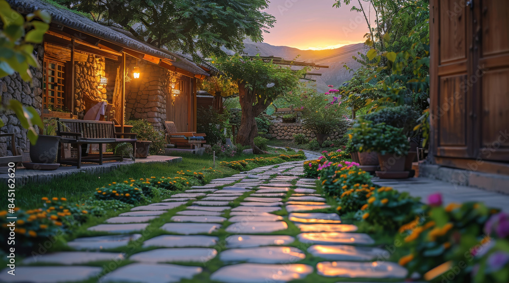Fototapeta premium A traditional sitting garden in the evening. Generative AI.
