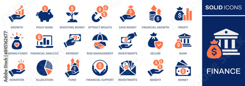 Finance icon set. Collection of economy, money, fund, investor and more. Vector illustration. Easily changes to any color.