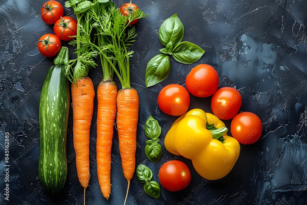 Fresh Organic Vegetables for Healthy Eating and Cooking: Tomatoes, Carrots, Zucchini, Bell Pepper, and Basil on Dark Background Fresh Organic Vegetables for Healthy Eating and Cooking: Tomatoes, Carrots, Zucchini, Bell Pepper, and Basil on Dark Background