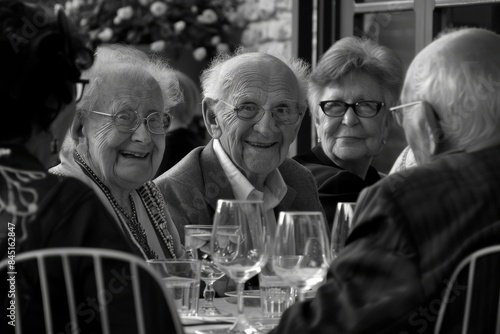 Group of senior people sitting in a restaurant, black and white.