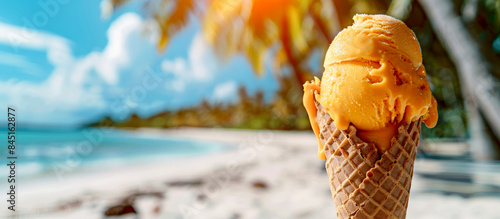 Mango ice cream in a cone on a tropical background of palm trees and sunny beach © boxstock production