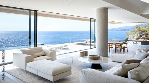 Luxury Modern Living Room Interior With Ocean View and White Sofas © Graphic Dude