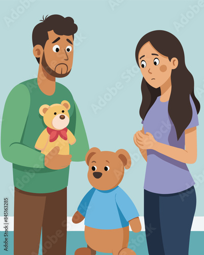 Two parents glance at each other nervously as they see the price of a giant stuffed animal their child is begging for at the toy store.. Vector illustration