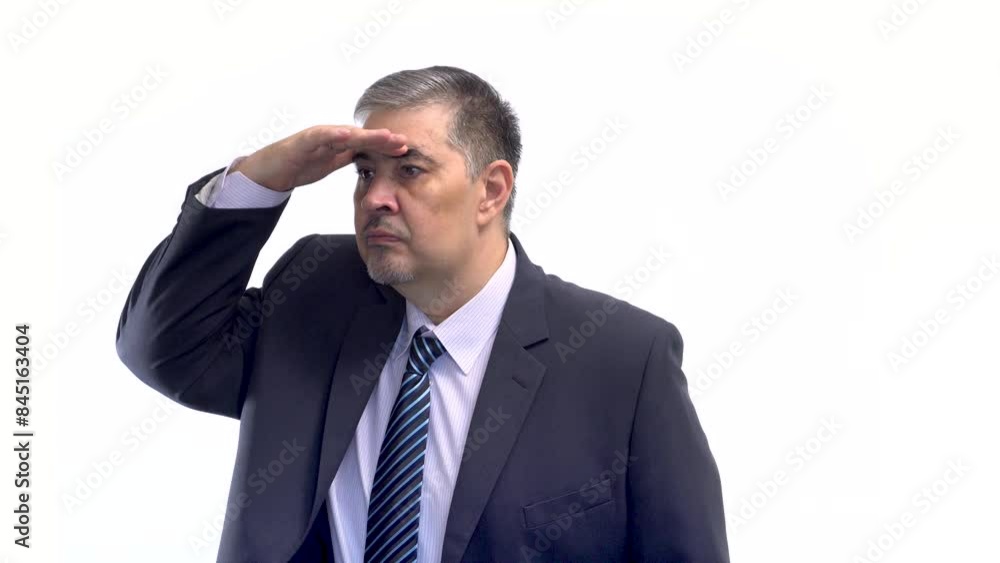 Man looking into distance, hand protecting from sun. Isolated on a white background. Man looking into distance, hand protecting from sun. Isolated on a white background.
