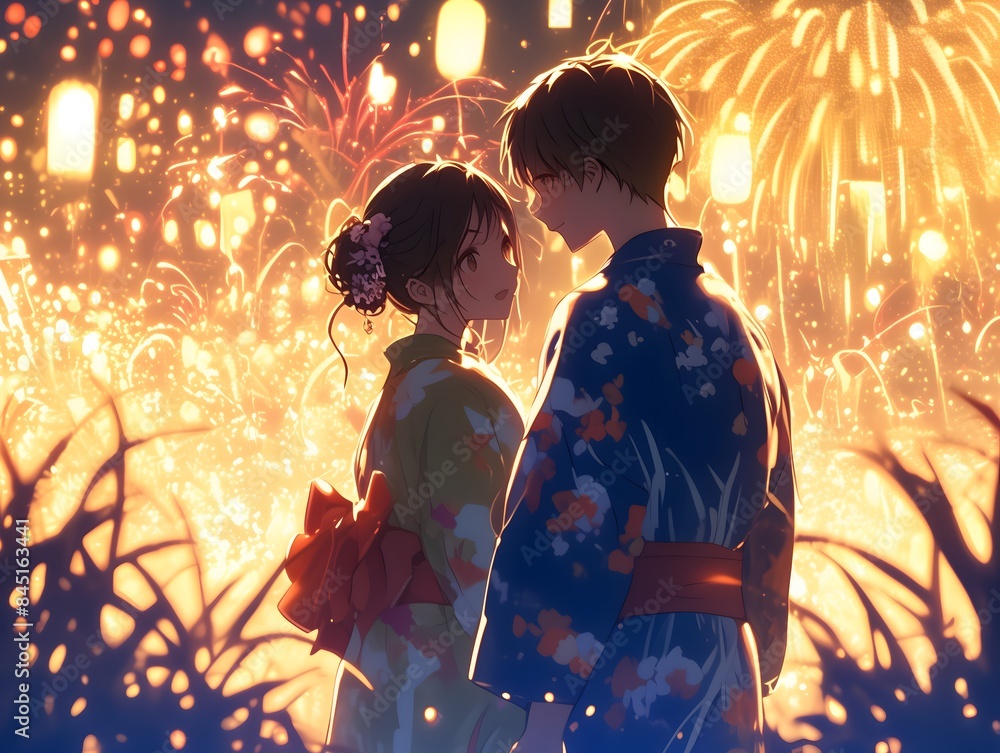 Naklejka premium Japanese Summer Festival Two Lovers Watch Fireworks Anime Style Poster Wallpaper