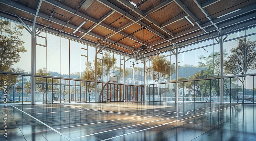 A fitness gym building with full floor-to-ceiling windows. There is a basketball court outside the building. Generative AI. A fitness gym building with full floor-to-ceiling windows. There is a basketball court outside the building. Generative AI.