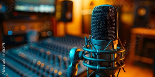Voiceover artist records dubbing in soundproof studio for precise vocal delivery. Concept Voiceover Recording, Dubbing, Soundproof Studio, Vocal Delivery, Precise Narration
