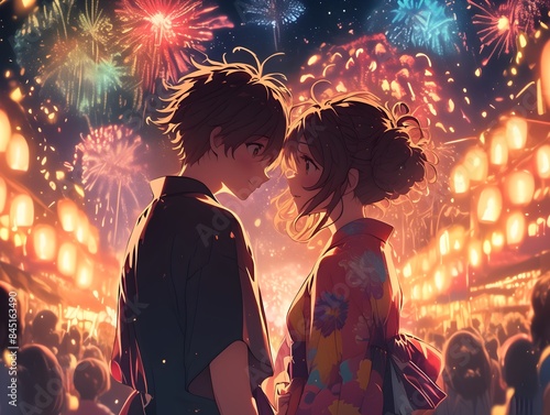 Japanese Summer Festival Two Lovers Watch Fireworks Anime Style Poster Wallpaper