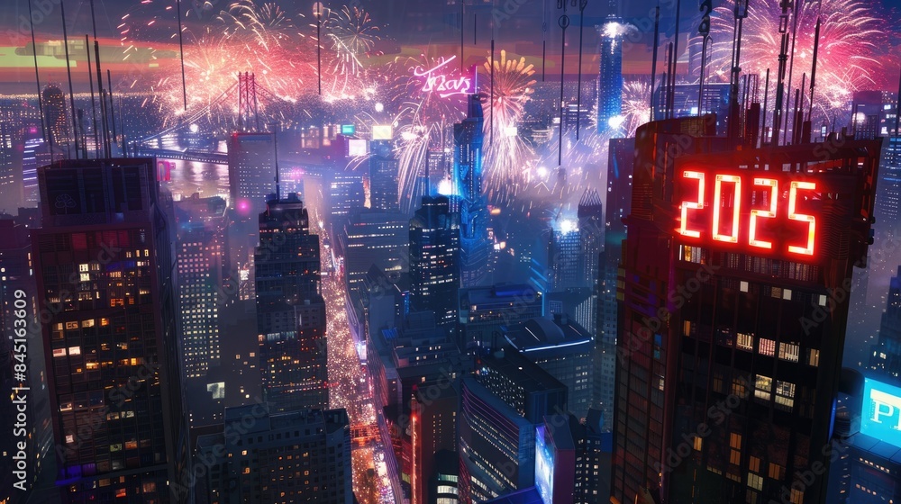 Fototapeta premium New Year 2025 fireworks over cityscape