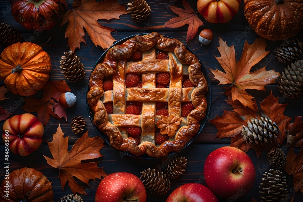 Autumn Harvest Pie with Decorative Lattice Crust Surrounded by Pumpkins, Apples, and Pinecones - Seasonal Holiday Design Autumn Harvest Pie with Decorative Lattice Crust Surrounded by Pumpkins, Apples, and Pinecones - Seasonal Holiday Design