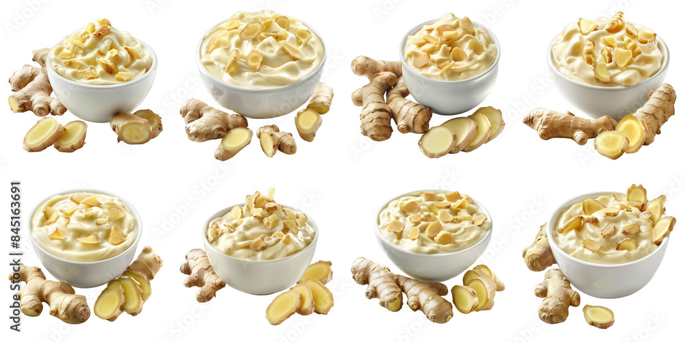 Set of Ginger Yogurt With Ginger Pieces isolated on transparent png background. Generative ai Set of Ginger Yogurt With Ginger Pieces isolated on transparent png background. Generative ai
