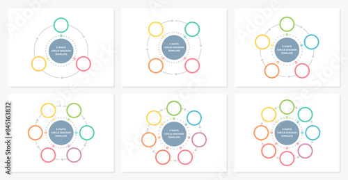 Six blank circle diagram templates set - 3, 4, 5, 6, 7 and 8 parts, circle infographics, vector eps10 illustration