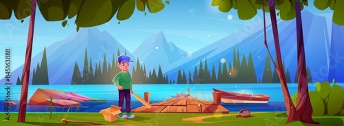 Teen boy in blue cap holding baseball bit standing on river or lake bank with wooden pier and boat. Cartoon vector summer sunny mountain, pond and trees landscape with kid practice sport game.