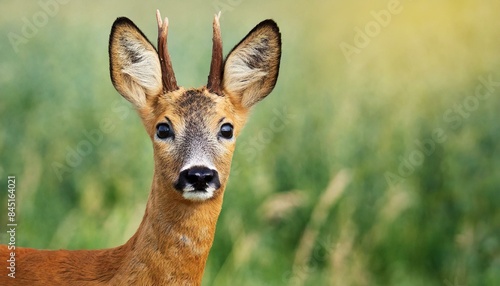  Detail of head of roe deer, capreolus capreolus, buck in summer. Close-up of wild roebuck in nature