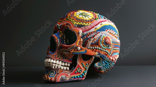 Visualize the complexity of the human experience with a captivating stock photo featuring a human skull constructed from an intricate arrangement of colorful bead.