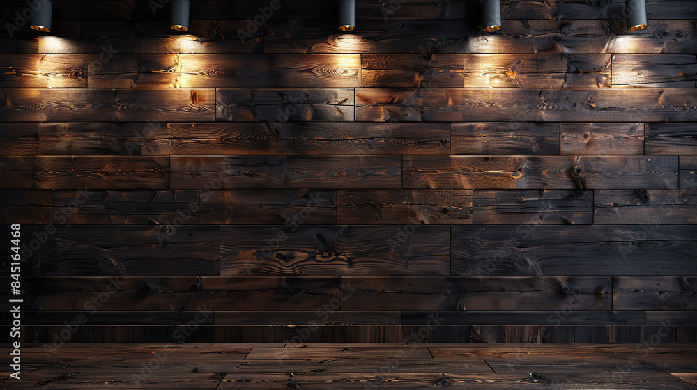 Empty dark brown plank wall room interior, decorated with hidden warm lighting. Generative Ai Empty dark brown plank wall room interior, decorated with hidden warm lighting. Generative Ai