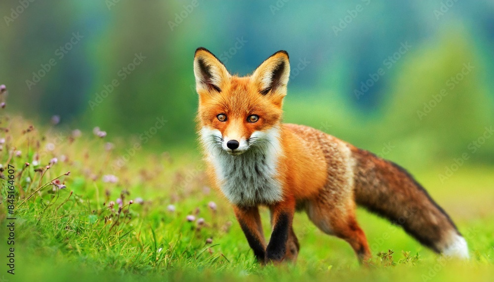 Naklejka premium Red Fox hunting, Fox on the green forest meadow