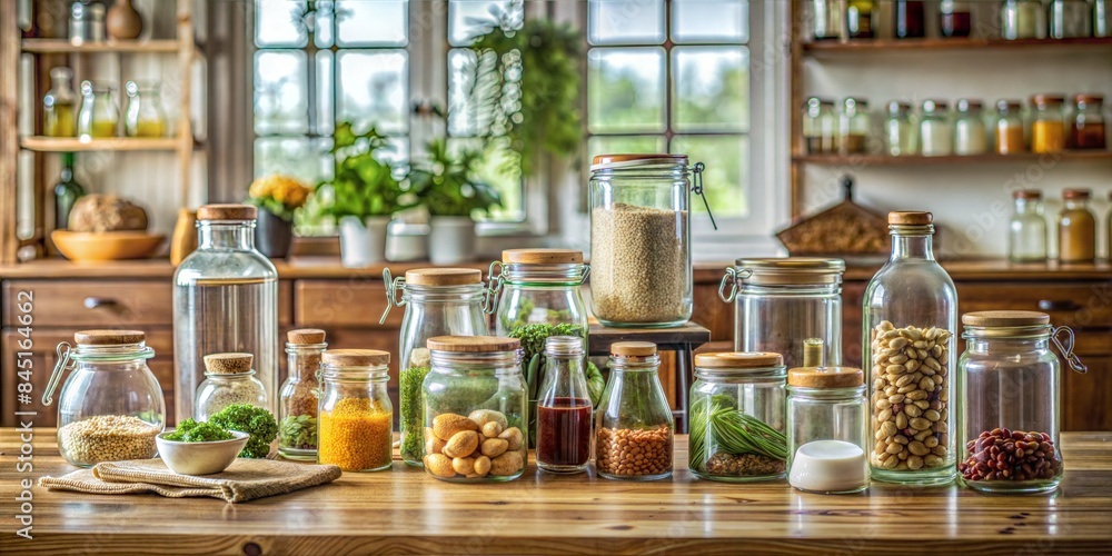 Glass jars and bottles on an oak table in the kitchen backdrop Glass jars and bottles on an oak table in the kitchen backdrop