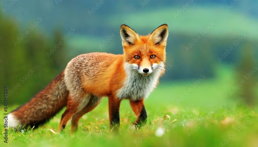 Red Fox hunting, Fox on the green forest meadow Red Fox hunting, Fox on the green forest meadow