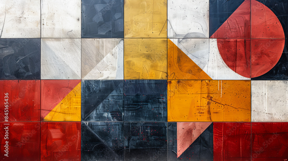 Fototapeta premium Colorful Wall Mural Art Design Background Texture Modern Contemporary Decoration Pattern Wallpaper Red Black White Yellow Orange Creative Bauhaus Style Urban Trendy Architecture Backdrop