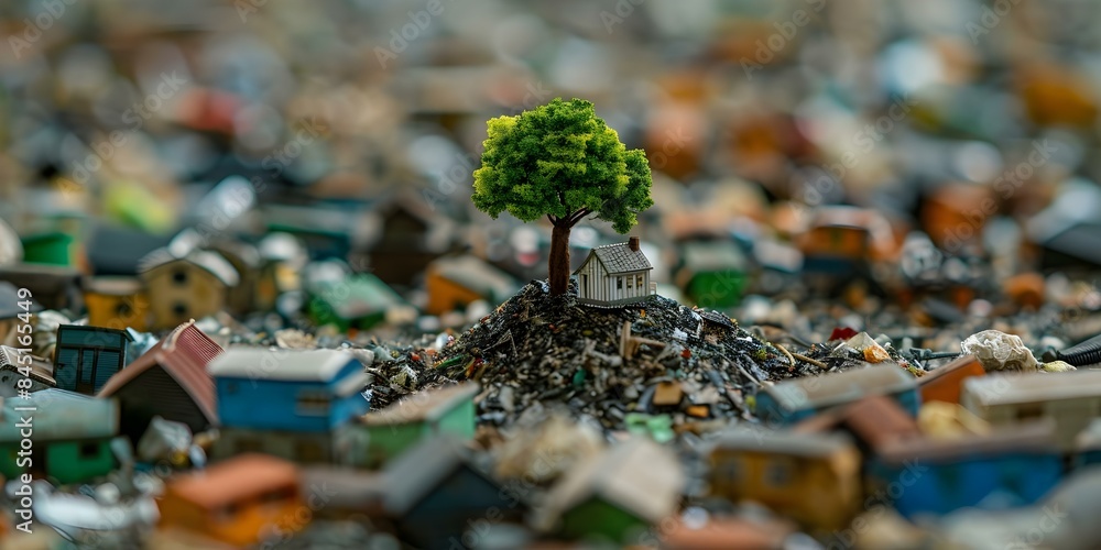 City model made of trash with a tree in the center. Concept Recycled Art, Eco-Friendly Sculpture, Urban Environment, Sustainable Architecture, Environmental Awareness City model made of trash with a tree in the center. Concept Recycled Art, Eco-Friendly Sculpture, Urban Environment, Sustainable Architecture, Environmental Awareness