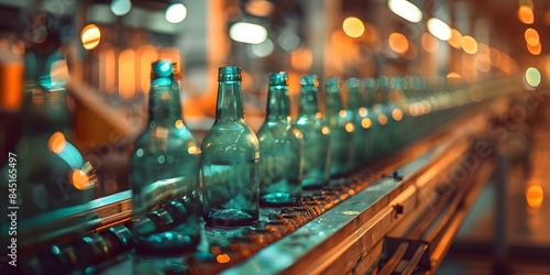 Empty glass bottles on conveyor belt in factory for recycling process. Concept Recycling Process, Glass Bottles, Conveyor Belt, Factory, Environment