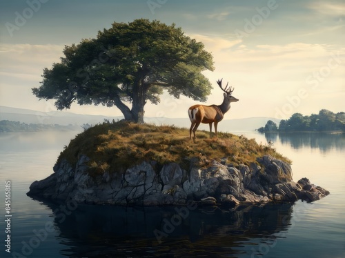 ciervo en pequeña  isla observando  photo