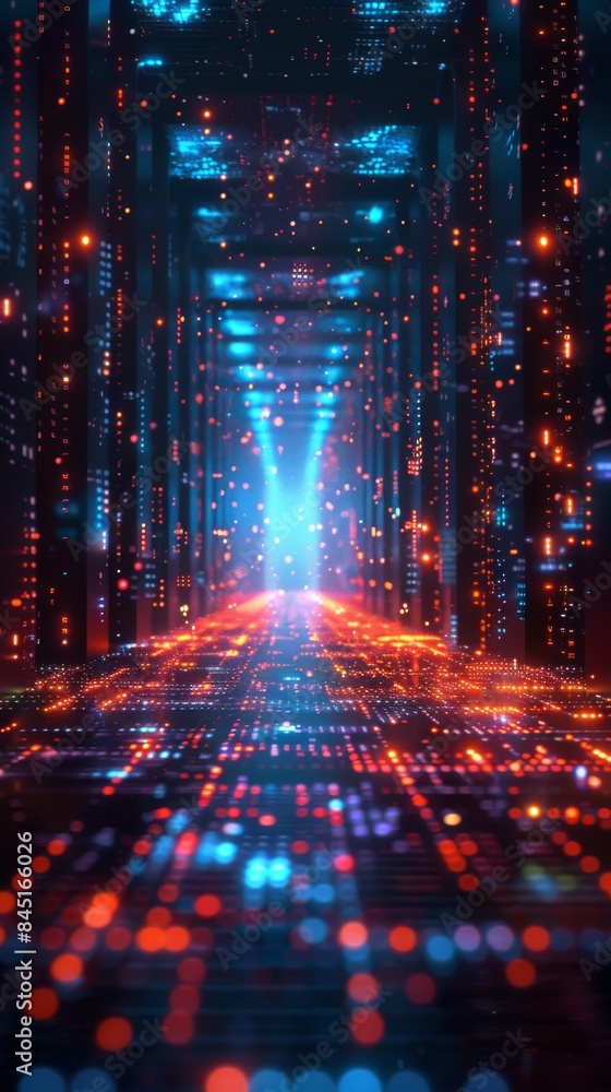 Obraz premium A long, dark tunnel with a blue light shining down on it. The tunnel is filled with bright, glowing lights that create a sense of movement and energy