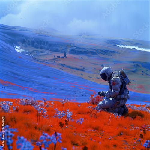 Astronaut kneels in a field...