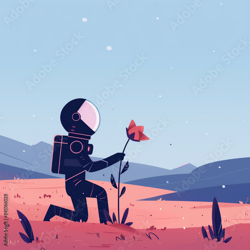 Astronaut kneels in a field...