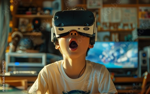A young boy wearing a virtual reality headset is looking at a computer monitor. He is wearing a white shirt and has his mouth wide open. The scene is set in a room with a desk and a chair